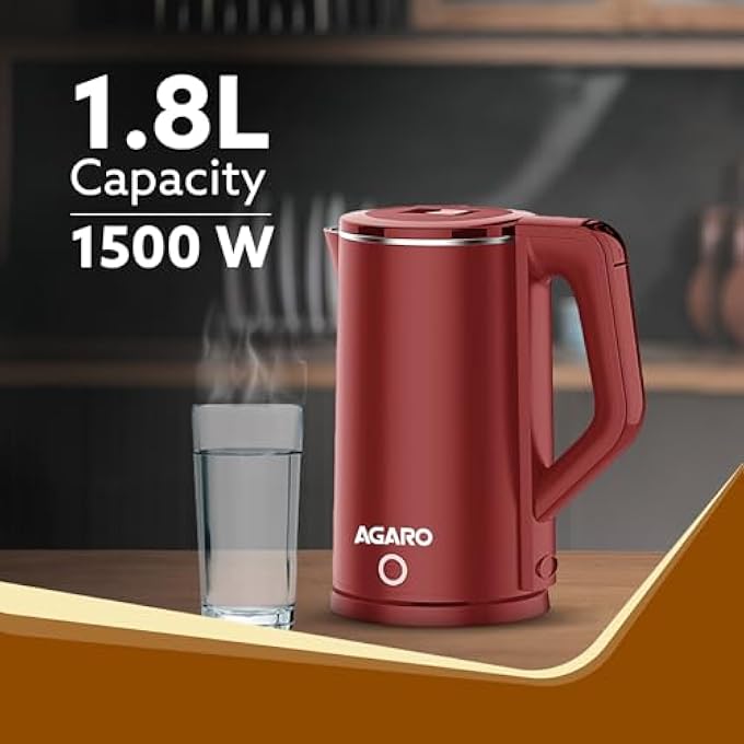AGARO Elegant Electric Kettle 18 Liter Double Layered Kettle Stainless Steel Inner Body Auto Shut Off Boil Dry Protection Portable Red 1500 Watts - Image 2