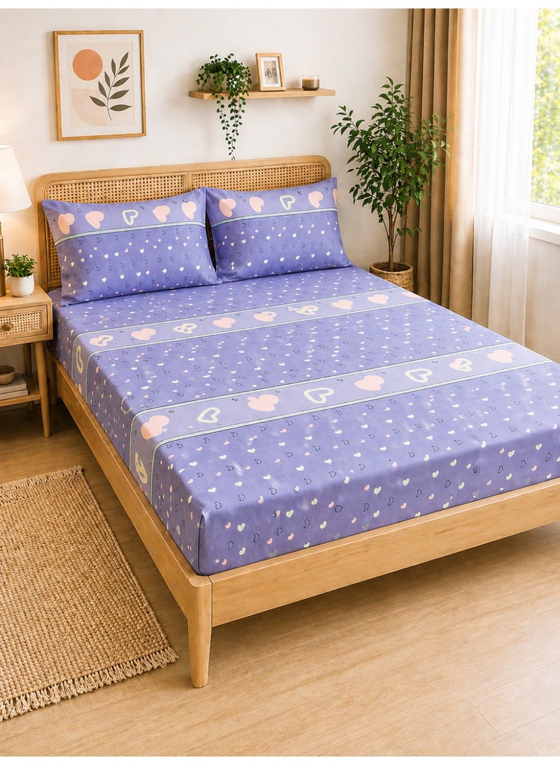 Eworld 3-Piece Fitted Bedsheet Set, Heart Pattern, 100% Cotton, 125 GSM, 1 Fitted Sheet + 2 Pillowcases – Available in King, Queen and Single Sizes - Image 1
