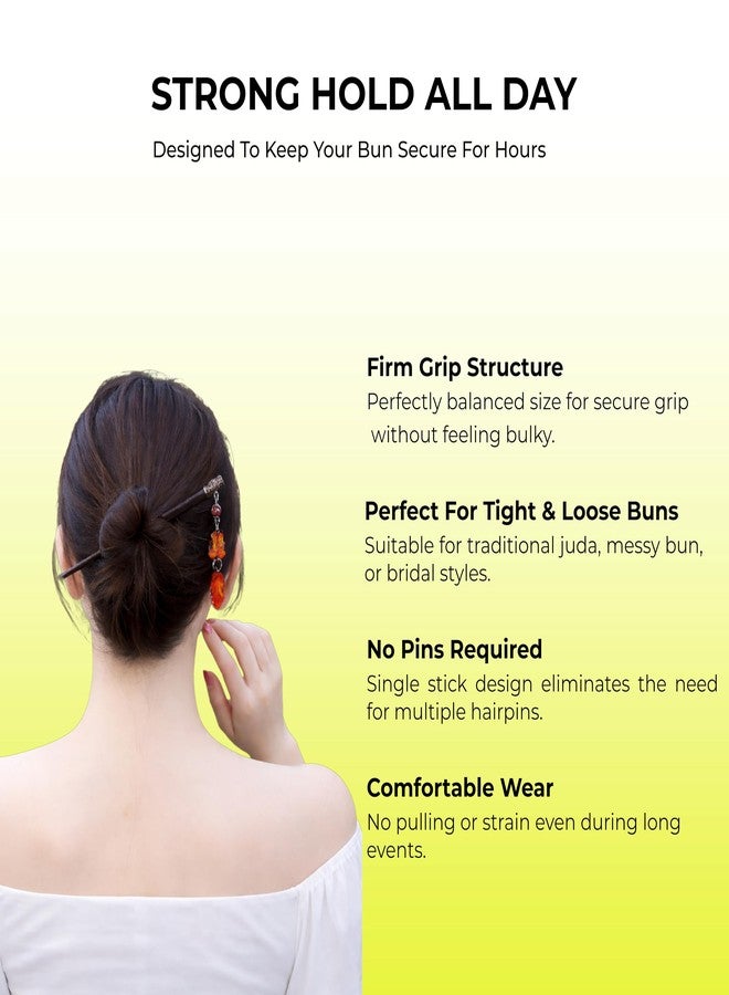 Wooden Juda Stick With Latkan For Hair Bun, Multicolour Hair Bun Stick For Women & Girls, Fancy Juda Hair Stick Wooden Bun Accessories For Long Hair Styling (3 Pcs, Multicolour) - Image 2