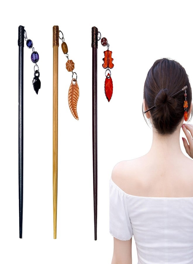 Wooden Juda Stick With Latkan For Hair Bun, Multicolour Hair Bun Stick For Women & Girls, Fancy Juda Hair Stick Wooden Bun Accessories For Long Hair Styling (3 Pcs, Multicolour) - Image 1