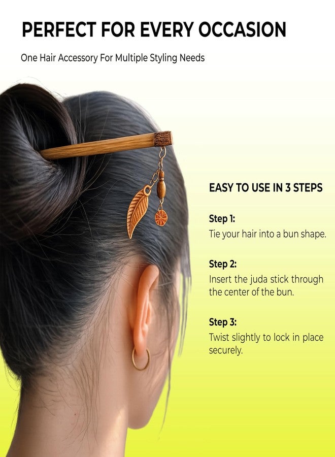Wooden Juda Stick With Latkan For Hair Bun, Multicolour Hair Bun Stick For Women & Girls, Fancy Juda Hair Stick Wooden Bun Accessories For Long Hair Styling (3 Pcs, Multicolour) - Image 4