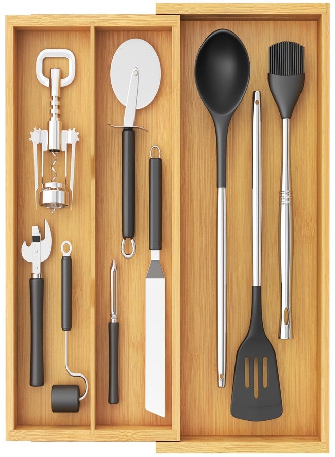 Lifewit Utensil Drawer Organizer, Expendable Cooking Silverware Tray for Kitchen Drawer, Bamboo Adjustable Cutlery Flatware Holder, Spatula Tools and Gadgets Storage Divider, 3 Compartments, Natural - Image 1
