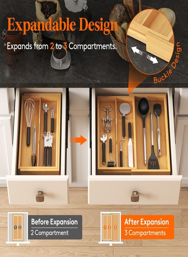 Lifewit Utensil Drawer Organizer, Expendable Cooking Silverware Tray for Kitchen Drawer, Bamboo Adjustable Cutlery Flatware Holder, Spatula Tools and Gadgets Storage Divider, 3 Compartments, Natural - Image 5
