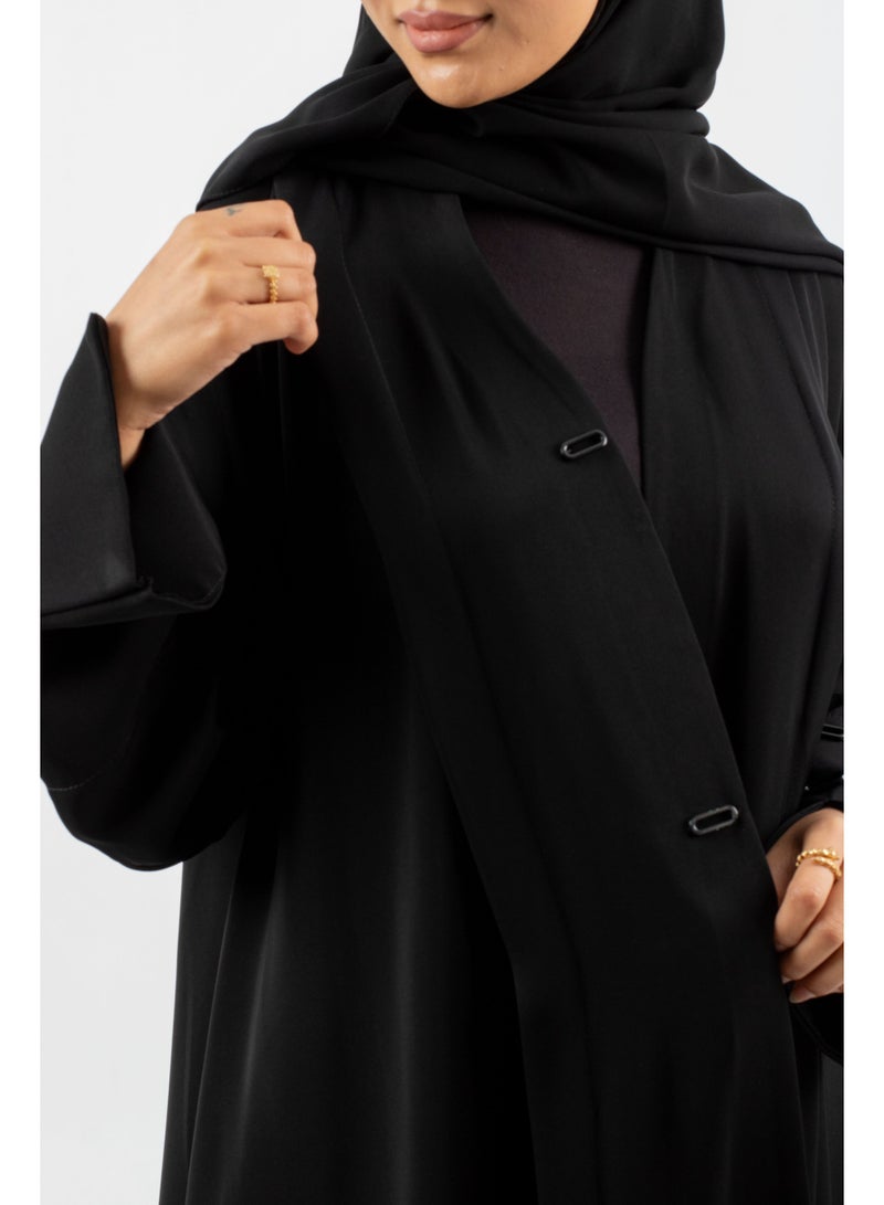 عباية كلاسيكية بكتف مطوي مع حجاب مطابق، أسود - Image 1
