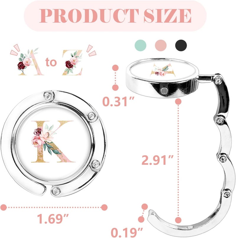 Iqimott 3pcs Personalized Initial Foldable Purse Hook for Table, Flower Letter Folding Handbag Hanger Portable Magnet Table Hook Holder, Collection Desk Purse Hooks for Women Bag (Pink-K) - Image 2