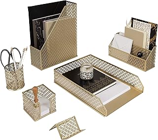 Blu Monaco 5-delige schattige kantoorbenodigdheden gouden bureauorganizer set - met bureaubladorganizer, tijdschriftenhouder, pennenbeker, plakbriefhouder, briefsorteerder - gouden bureauaccessoires