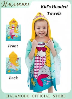 HALAMODO Kid's Hooded Bath Towels Mermaid Pattern Hooded Cloak Cartoon Beach Towels Water Absorbing Microfiber Poncho Wearable Towels Swimming Towels Bathrobe for Boy's & Girls  - Image 1