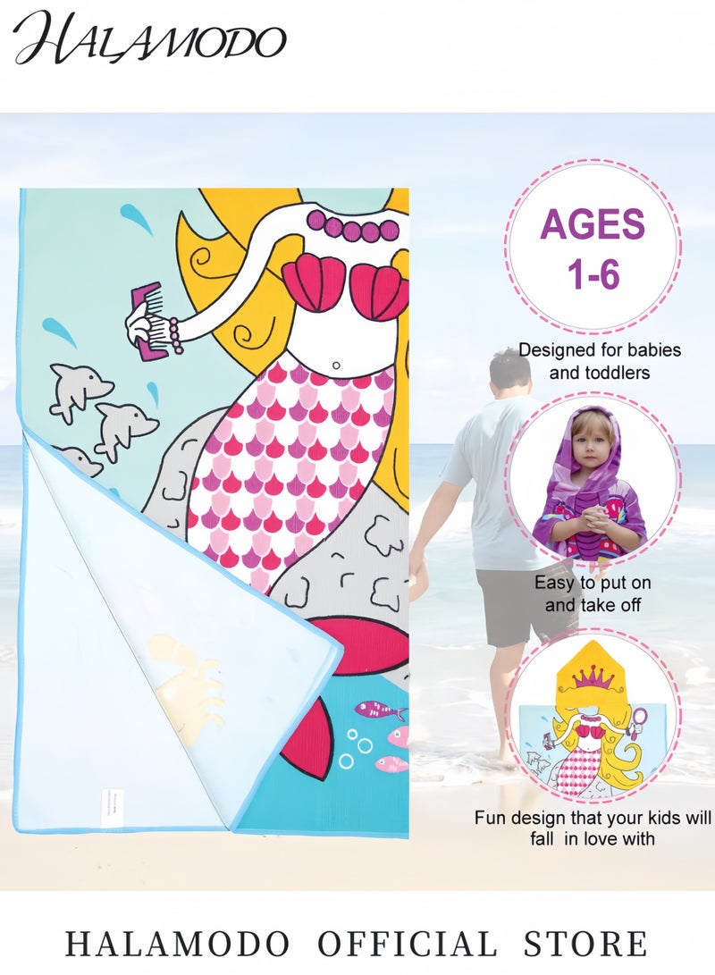 HALAMODO Kid's Hooded Bath Towels Mermaid Pattern Hooded Cloak Cartoon Beach Towels Water Absorbing Microfiber Poncho Wearable Towels Swimming Towels Bathrobe for Boy's & Girls  - Image 4