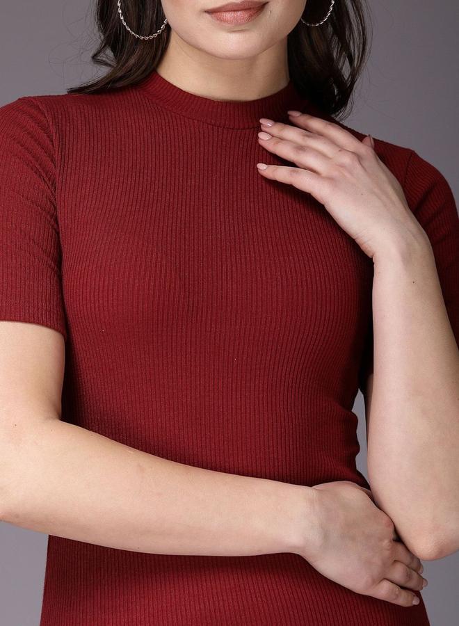 مرفوعة طقم نسائي من فري هاند بلوزة وسروال ضيق محبوك مضلع باللون العنابي - Image 2