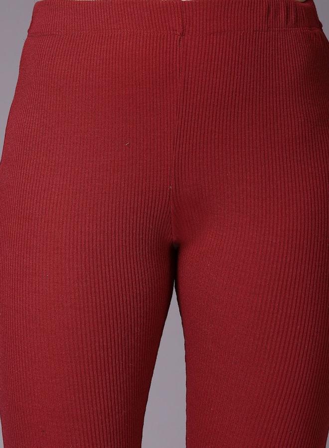 مرفوعة طقم نسائي من فري هاند بلوزة وسروال ضيق محبوك مضلع باللون العنابي - Image 3