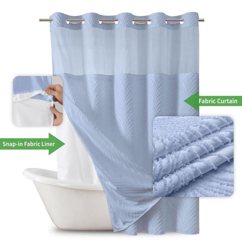 eachope no hook shower curtain and liner set Boho Style with See Through Top Window  Blue Fabric Tufted Striped Textured Outer Curtain & Waterproof Inner Liner  FrostBlue  71Wx98H - Image 1