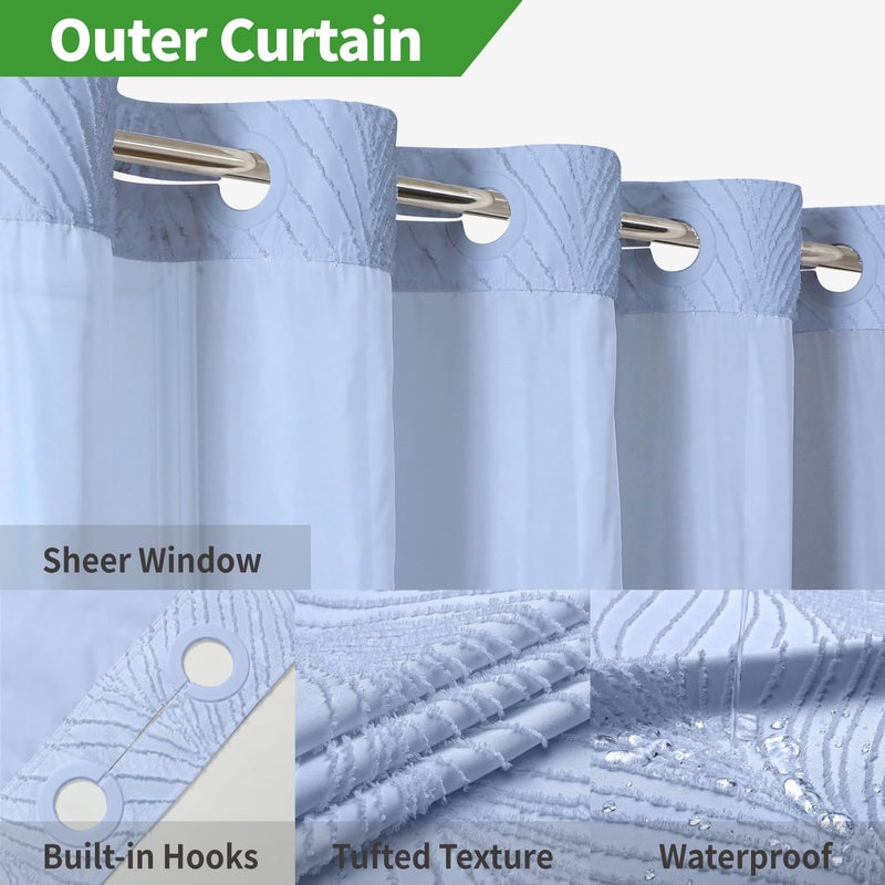 eachope no hook shower curtain and liner set Boho Style with See Through Top Window  Blue Fabric Tufted Striped Textured Outer Curtain & Waterproof Inner Liner  FrostBlue  71Wx98H - Image 2