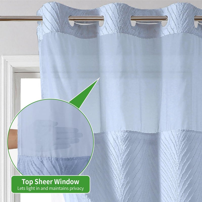 eachope no hook shower curtain and liner set Boho Style with See Through Top Window  Blue Fabric Tufted Striped Textured Outer Curtain & Waterproof Inner Liner  FrostBlue  71Wx98H - Image 3