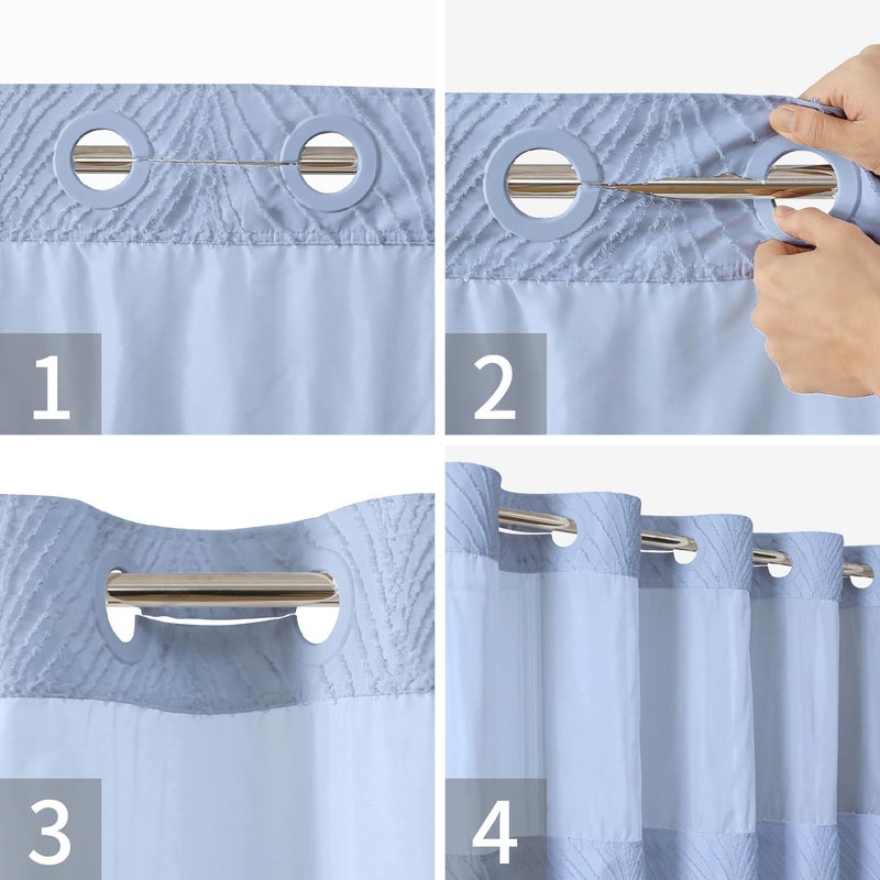 eachope no hook shower curtain and liner set Boho Style with See Through Top Window  Blue Fabric Tufted Striped Textured Outer Curtain & Waterproof Inner Liner  FrostBlue  71Wx98H - Image 4