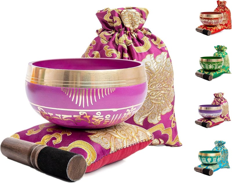 HIMALAYAN BAZAAR Tibetan Singing Bowl Set - Easy To Play for Beginners - Authentic Handcrafted Mindfulness Meditation Holistic Sound 7 Chakra Healing Gift by Himalayan Bazaar (Orchid) - Image 1