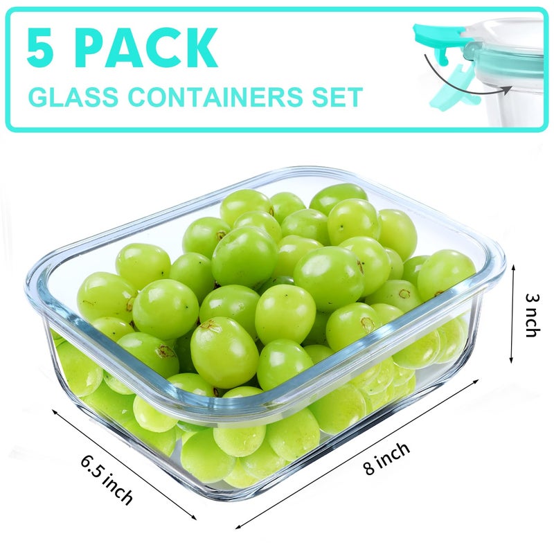 VERONES 5 Pack 36 OZ Glass Meal Prep Containers  Airtight Glass Lunch Containers Set  Glass Food Storage Containers with Lids Exclusive of BPA  for Microwave  Oven  Freezer & Dishwasher Friendly Green - Image 2