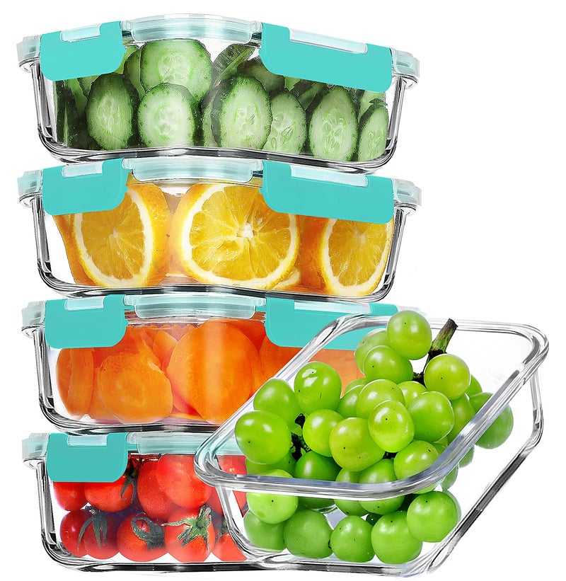 VERONES 5 Pack 36 OZ Glass Meal Prep Containers  Airtight Glass Lunch Containers Set  Glass Food Storage Containers with Lids Exclusive of BPA  for Microwave  Oven  Freezer & Dishwasher Friendly Green - Image 1