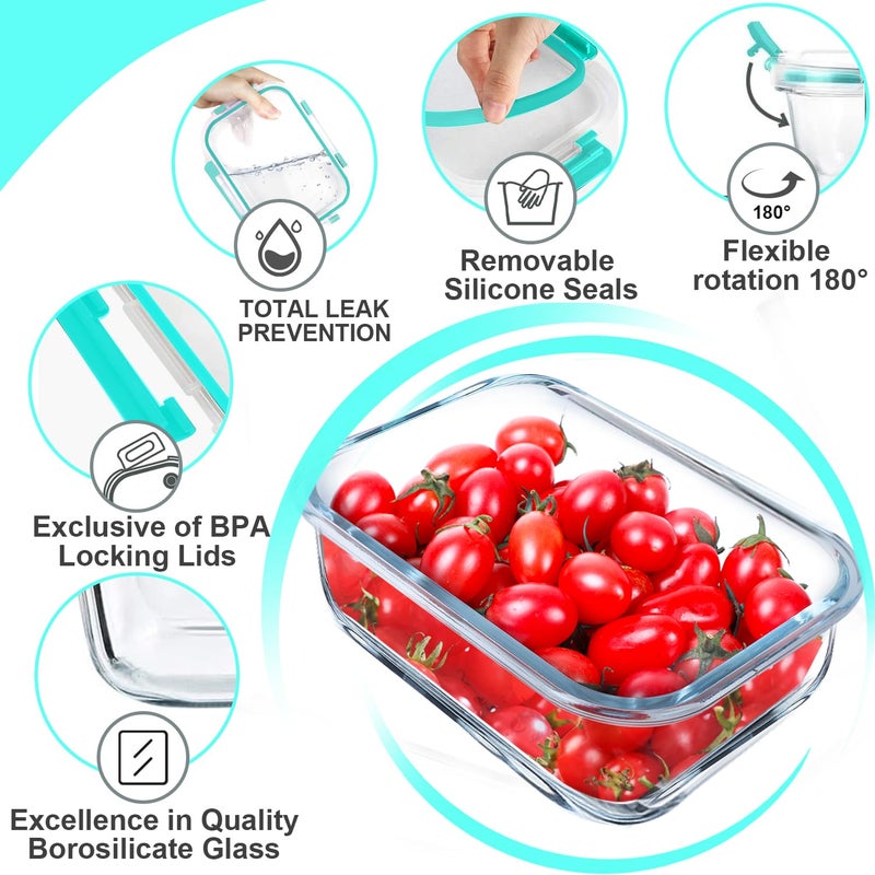 VERONES 5 Pack 36 OZ Glass Meal Prep Containers  Airtight Glass Lunch Containers Set  Glass Food Storage Containers with Lids Exclusive of BPA  for Microwave  Oven  Freezer & Dishwasher Friendly Green - Image 5