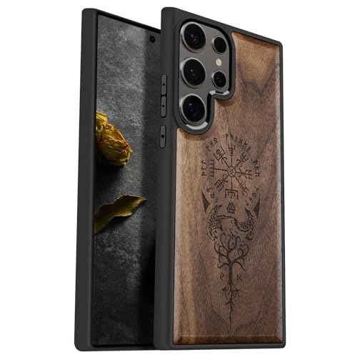 Carveit Wood Case for Galaxy S25 Ultra Case 2025 [Natural Wood & Black Soft TPU] Shockproof Protective Cover Unique Wooden Design Compatible with Samsung S25 Ultra (The Guiding Vegvisir-Walnut) - Image 1