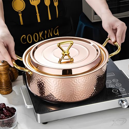 YJX 6.7QT Hammered Stock Pot with Lid, Copper Rose Gold, Tri-Ply Stainless Steel, Multi-Functional Cookware for Bake Roast Braise Saute, Magnetic Base, Dishwasher and Oven Safe (30CM) - Image 4
