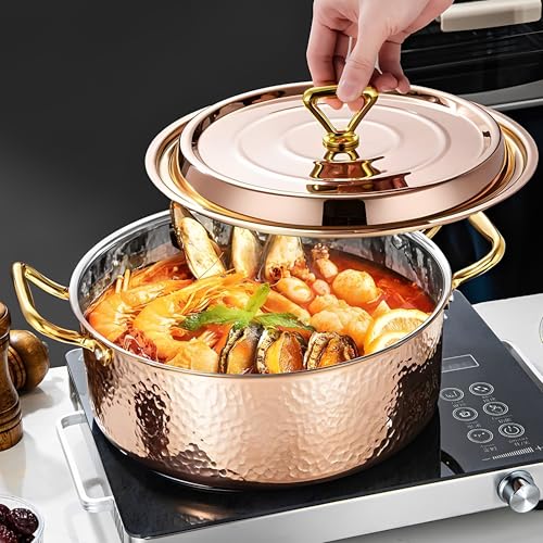 YJX 6.7QT Hammered Stock Pot with Lid, Copper Rose Gold, Tri-Ply Stainless Steel, Multi-Functional Cookware for Bake Roast Braise Saute, Magnetic Base, Dishwasher and Oven Safe (30CM) - Image 2
