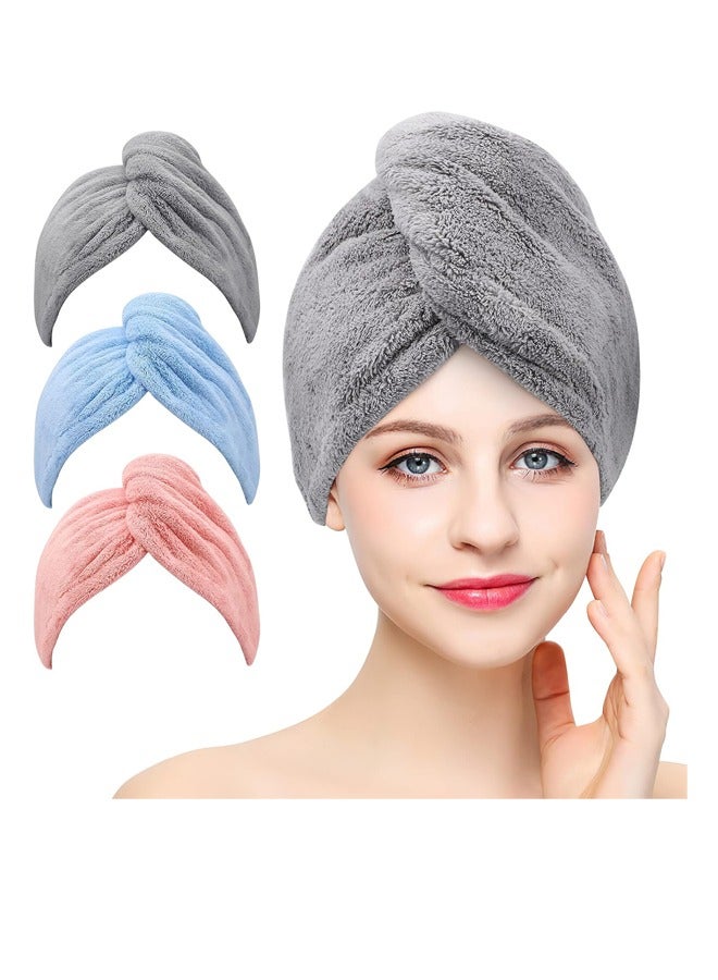 3 Packs Of Microfiber Towel Pack,Ultra Hygroscopic Wrap Scarf,Quick Drying Hair Cap With Button,Soft Absorbent Quick Drying Cap,Long Thick Hair Anti-Frizz(Gray+Pink+Blue)  - Image 1