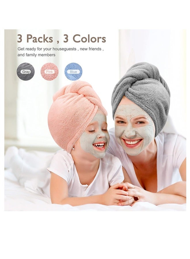 3 Packs Of Microfiber Towel Pack,Ultra Hygroscopic Wrap Scarf,Quick Drying Hair Cap With Button,Soft Absorbent Quick Drying Cap,Long Thick Hair Anti-Frizz(Gray+Pink+Blue)  - Image 3