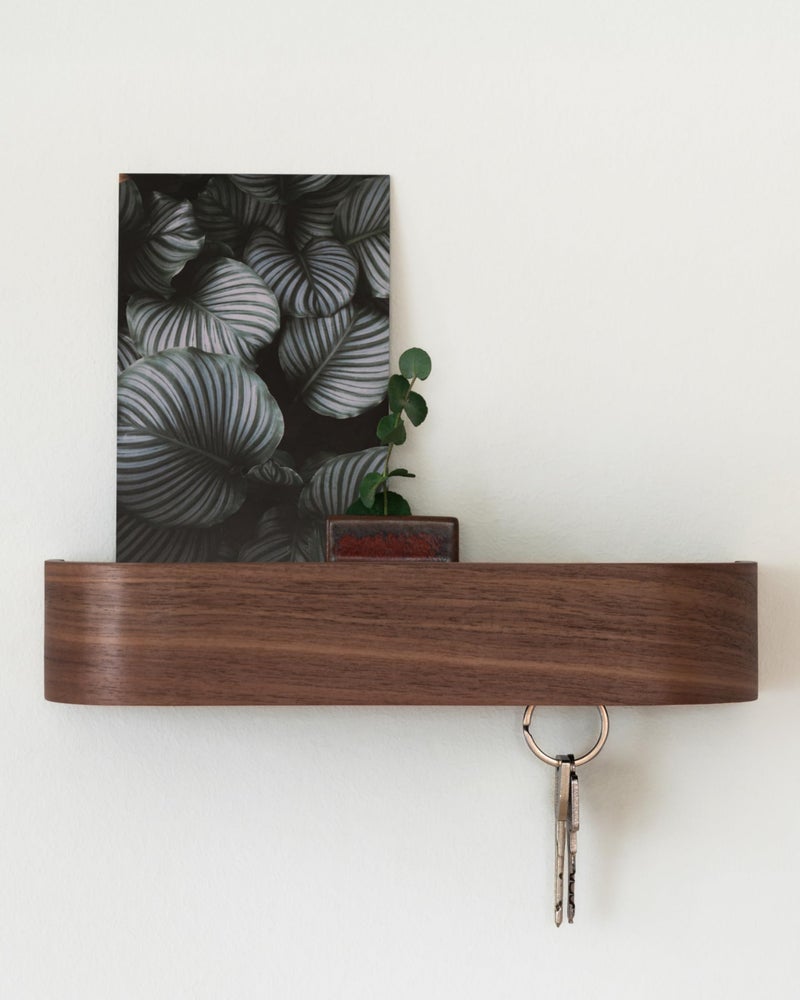 Kazai.Â® Key Holder 'Toke' | Minimalist Key Hook Design from Berlin | Modern Key Holder Wall Mount with Wooden Shelf | Key Rack for Wall as Entryway Organizer | Walnut - Image 1