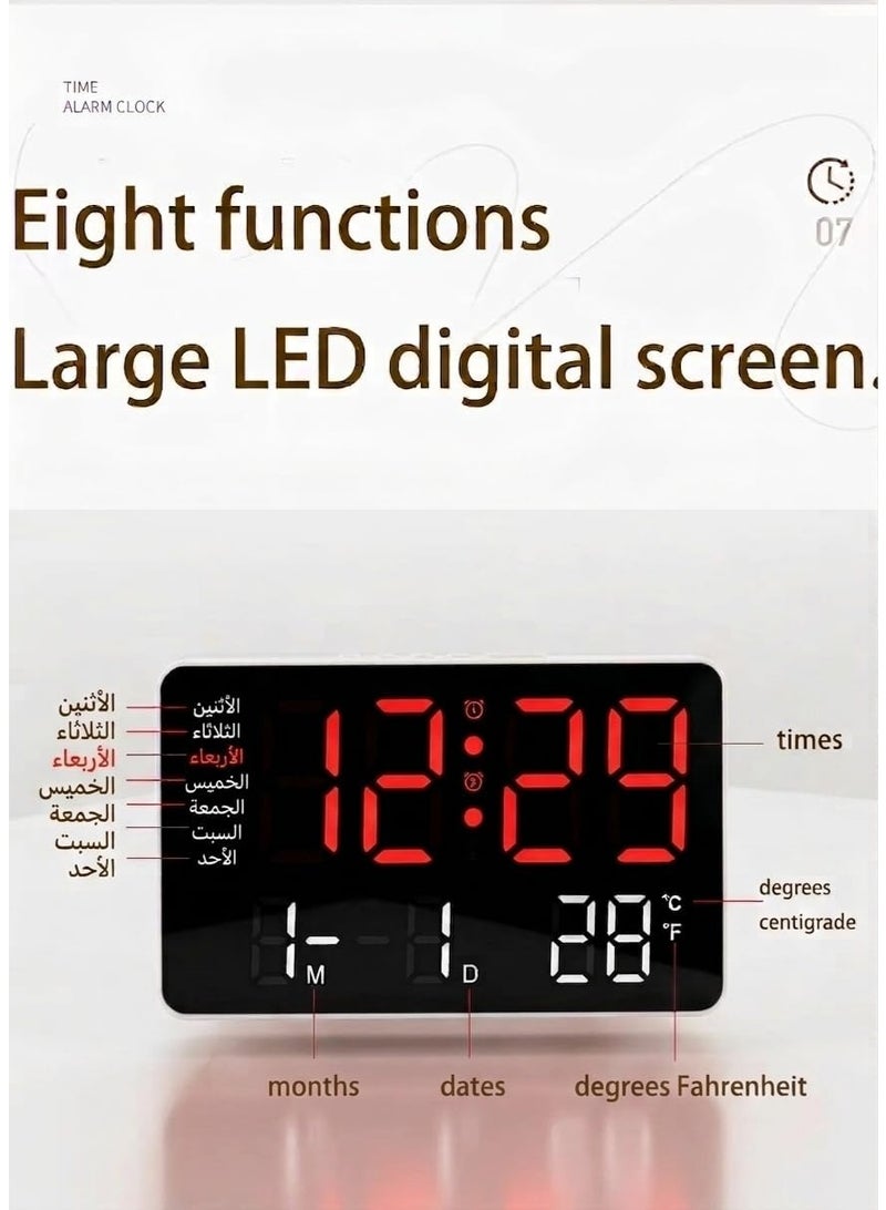 ساعة حائط ومكتب رقمية LED كبيرة بأسقام مضيئة - تعرض الوقت، التاريخ ، ودرجة الحرارة - مزودة بمنبه مزدوج - تصميم عصري للمنزل والمكتب - Image 5