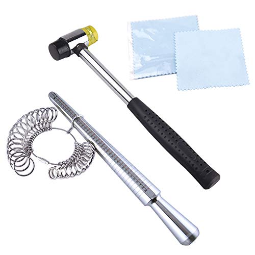KUUQA Metal Ring Mandrel Ring Sizer and Rubber Hammer Mallet Ring Sizer Gauge Set with 2 Piece Jewelry Polishing Cloths - Image 1