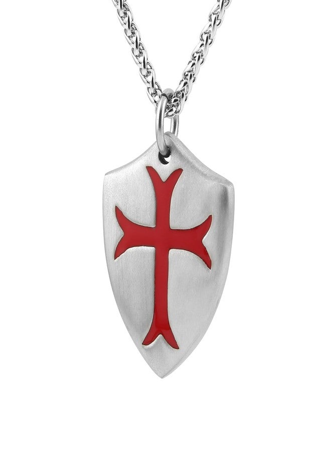 HZMAN Knights Templar Cross Joshua 1:9 Shield Stainless Steel Pendant Necklace with FREE 24" Chain (Silver Red) - Image 1