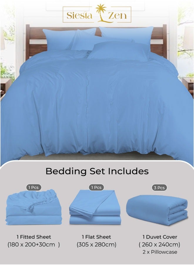 القيلولة زين طقم سرير كينج من سييستا زين – 1 ملاءة مطاطية، 1 ملاءة مسطحة، 1 غطاء لحاف و أغطية وسائد | ناعم للغاية، متين ومريح | لون أزرق سماوي أنيق | جودة فندقية - Image 1
