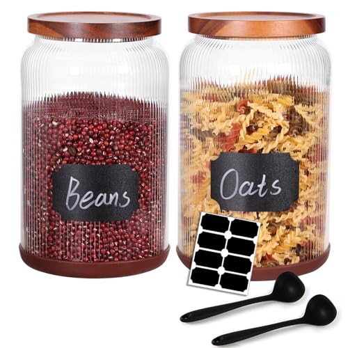 SAIOOL 2-Pack Striped Borosilicate Glass Airtight Canisters - Big mouth Large Capacity, Acacia Wood Lid, Food Storage Jars for Flour, Pasta, Pantry Organization (1 Gallon （2 Striped pack）) - Image 1