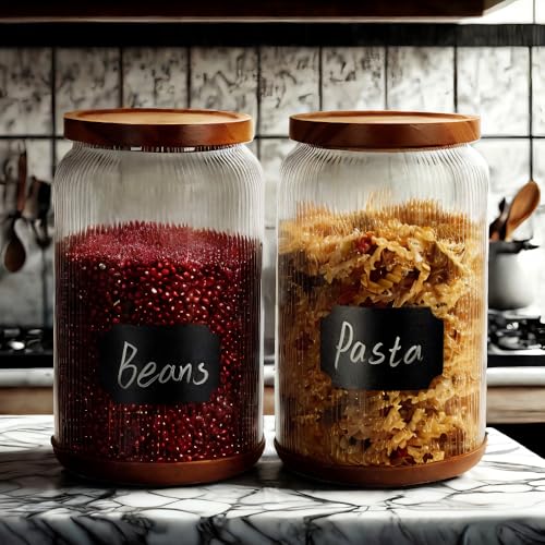 SAIOOL 2-Pack Striped Borosilicate Glass Airtight Canisters - Big mouth Large Capacity, Acacia Wood Lid, Food Storage Jars for Flour, Pasta, Pantry Organization (1 Gallon （2 Striped pack）) - Image 4