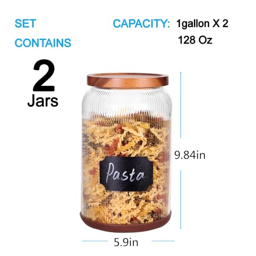 SAIOOL 2-Pack Striped Borosilicate Glass Airtight Canisters - Big mouth Large Capacity, Acacia Wood Lid, Food Storage Jars for Flour, Pasta, Pantry Organization (1 Gallon （2 Striped pack）) - Image 2