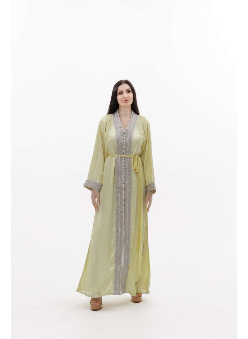 HANA & SARA LONG CLASSY SIMPLE LIGHT YELLOW COLOUR FRONT LACE BUTTON LINING ARABIC KAFTAN JALABIYA DRESS  - Image 1