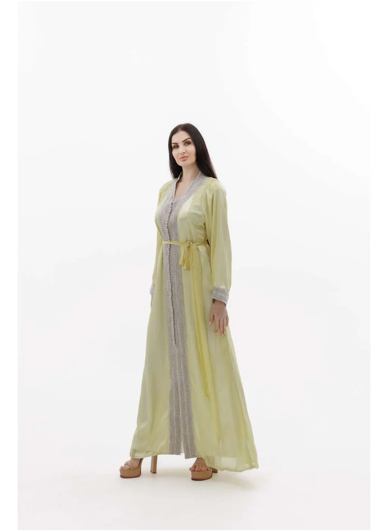 HANA & SARA LONG CLASSY SIMPLE LIGHT YELLOW COLOUR FRONT LACE BUTTON LINING ARABIC KAFTAN JALABIYA DRESS