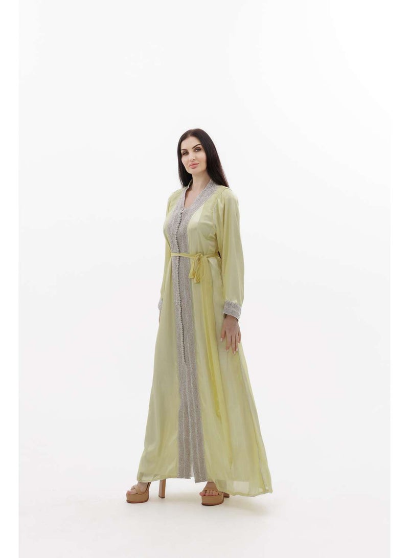 HANA & SARA LONG CLASSY SIMPLE LIGHT YELLOW COLOUR FRONT LACE BUTTON LINING ARABIC KAFTAN JALABIYA DRESS  - Image 5