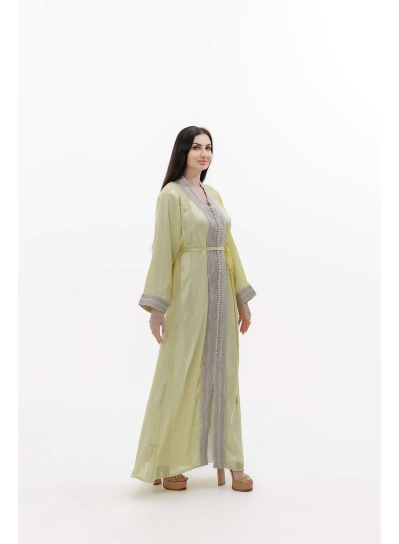 HANA & SARA LONG CLASSY SIMPLE LIGHT YELLOW COLOUR FRONT LACE BUTTON LINING ARABIC KAFTAN JALABIYA DRESS  - Image 4
