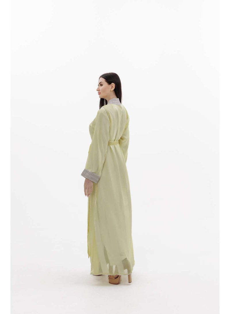 HANA & SARA LONG CLASSY SIMPLE LIGHT YELLOW COLOUR FRONT LACE BUTTON LINING ARABIC KAFTAN JALABIYA DRESS  - Image 2