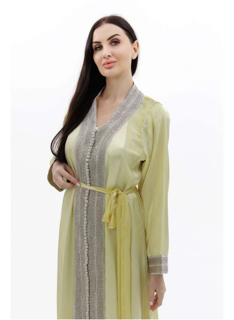 HANA & SARA LONG CLASSY SIMPLE LIGHT YELLOW COLOUR FRONT LACE BUTTON LINING ARABIC KAFTAN JALABIYA DRESS