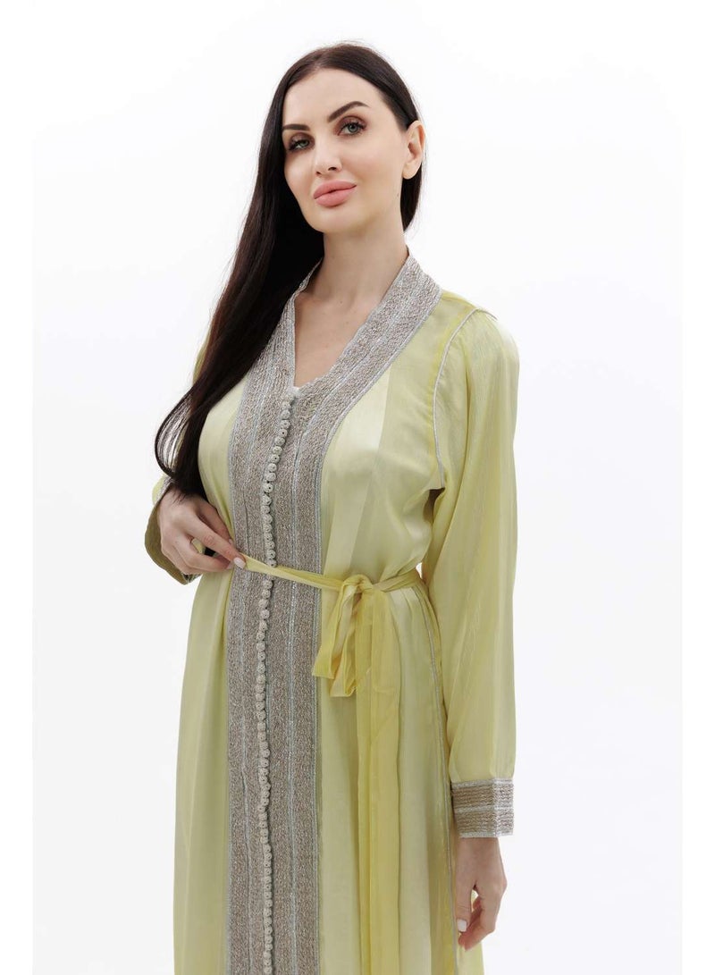 HANA & SARA LONG CLASSY SIMPLE LIGHT YELLOW COLOUR FRONT LACE BUTTON LINING ARABIC KAFTAN JALABIYA DRESS  - Image 3