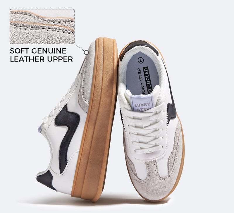 LUCKY STEP Women's Platform Fashion Sneakers Thick Sole Suede Faux Leather Classic Rubber Gum Sole Low Top Casual Walking Shoes(White/Black,10 B(M) US) - Image 3
