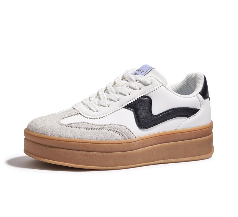 LUCKY STEP Women's Platform Fashion Sneakers Thick Sole Suede Faux Leather Classic Rubber Gum Sole Low Top Casual Walking Shoes(White/Black,10 B(M) US) - Image 1