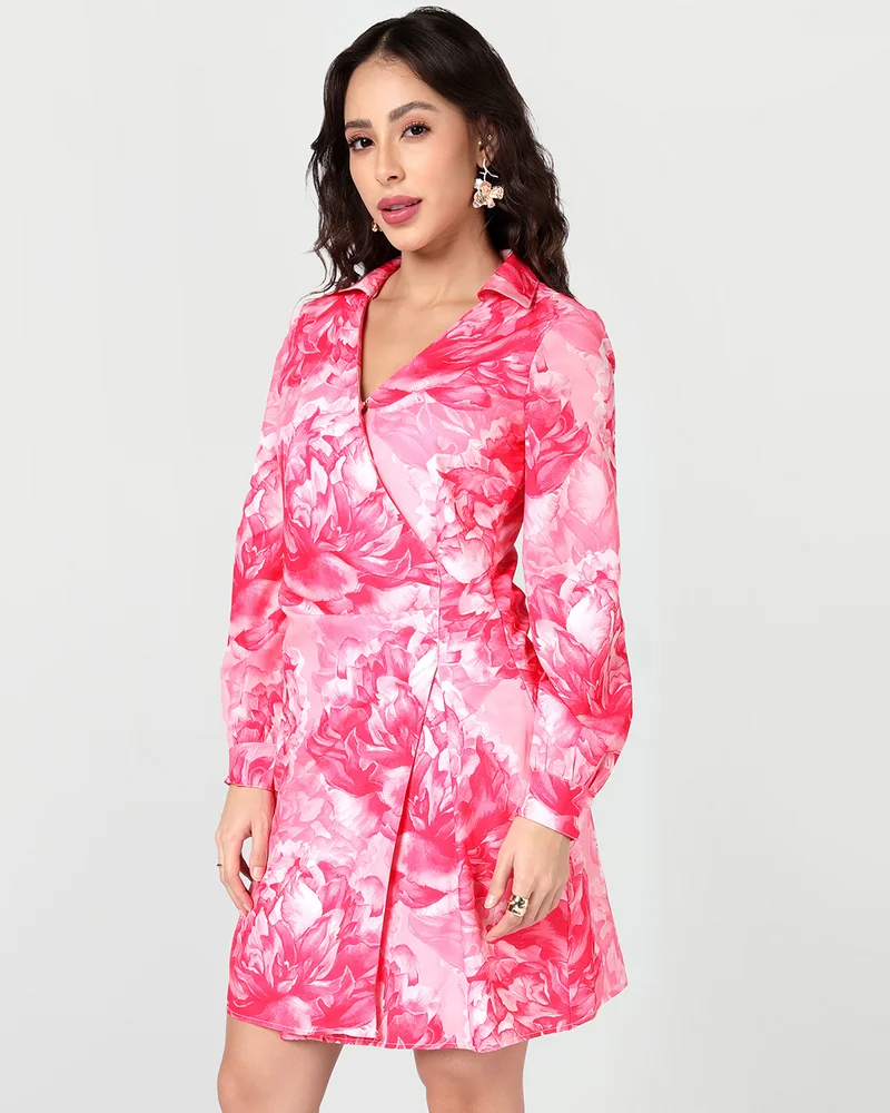 بيواكوف Women's Pink All Over Printed Straight Fit Mini Wrap Dress