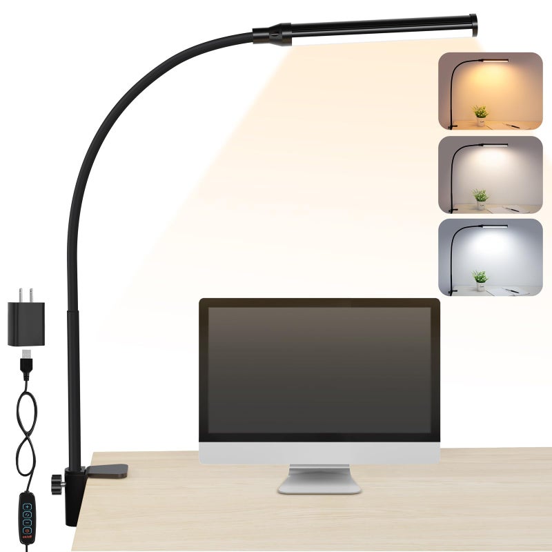 ShineTech LED Desk lamp with Clamp EyeCaring Clip Lights for Home Office 3 Colors Full Brightness Flexible USB Adapter Table Lamp Black