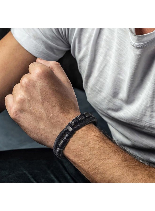 COOLSTEELANDBEYOND Mens Double-Row Braided Leather Bracelet Bangle Wristband with Stainless Steel Ornaments, 8.27 inches, Leather, not-applicable - Image 2