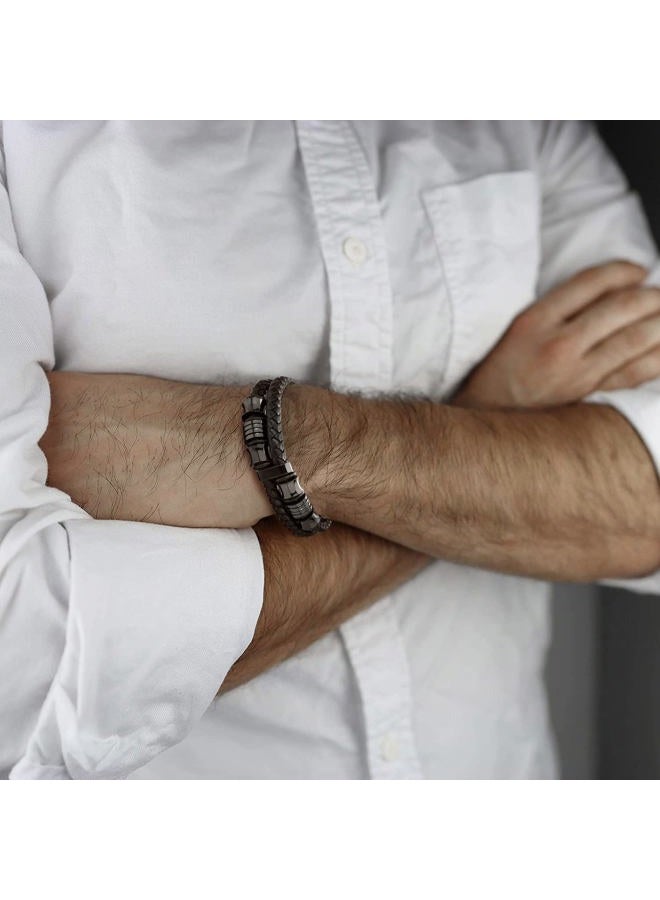 COOLSTEELANDBEYOND Mens Double-Row Braided Leather Bracelet Bangle Wristband with Stainless Steel Ornaments, 8.27 inches, Leather, not-applicable - Image 4