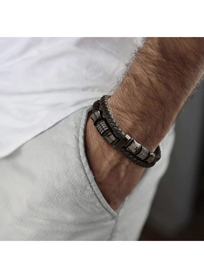COOLSTEELANDBEYOND Mens Double-Row Braided Leather Bracelet Bangle Wristband with Stainless Steel Ornaments, 8.27 inches, Leather, not-applicable - Image 3