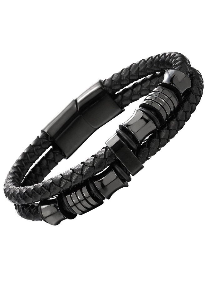 COOLSTEELANDBEYOND Mens Double-Row Braided Leather Bracelet Bangle Wristband with Stainless Steel Ornaments, 8.27 inches, Leather, not-applicable - Image 1
